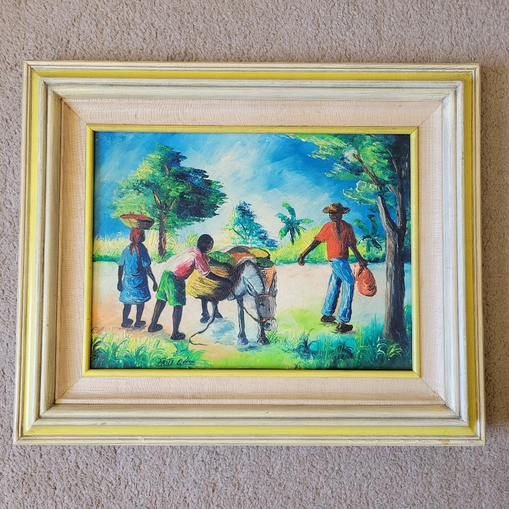 Fritzner Fritz Cedon Framed Painting Haiti 1980s 16x12in Daily Life with Donkey